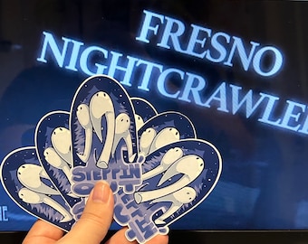 May include: A set of five blue and white stickers with a cartoon illustration of a group of white figures standing in a forest with a starry night sky. The stickers say "Step into the Sleep Zone".
