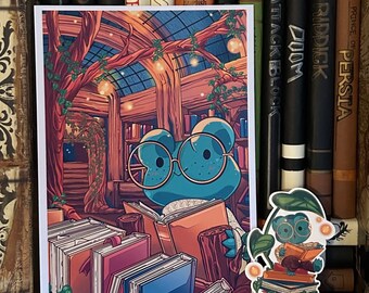 May include: A green frog wearing glasses sits in a library with a stack of books. The frog is holding a book in its hands. The library has a wooden ceiling with vines and lights hanging from it. There are bookshelves in the background.