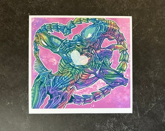 May include: A colorful illustration of two alien creatures embracing, with a heart shape in the center. The creatures are depicted in a vibrant rainbow color scheme against a pink background.
