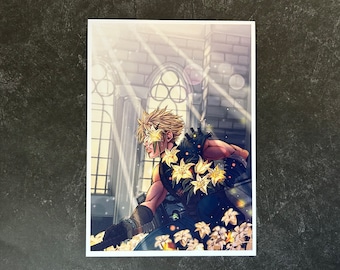 May include: A digital illustration of a blond-haired character with a determined expression, standing in a cathedral setting. The character is surrounded by white flowers, and light streams through the stained glass windows.