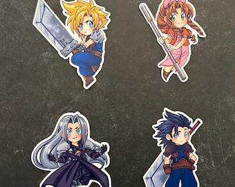 May include: Four cartoon stickers featuring characters from the Final Fantasy VII video game. The stickers are on a gray background. The characters are Cloud, Tifa, Sephiroth, and Zack.