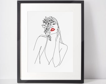 Minimalist Floral Red Lip Female Line Art, Instant Download