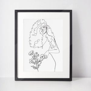 カーリーヘアの女性の花の線画、ロングヘア、即時ダウンロード