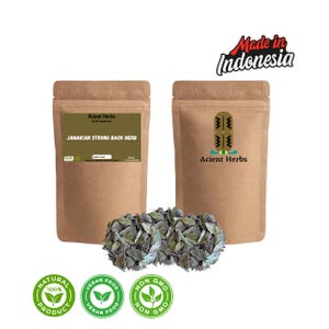 May include: Two brown paper pouches of herbal supplements with the text "Jamaican Strong Back Herb" and "Acient Herbs". Below are two bundles of dried leaves. The image also includes three green and white circular logos and the text "Made in Indonesia".