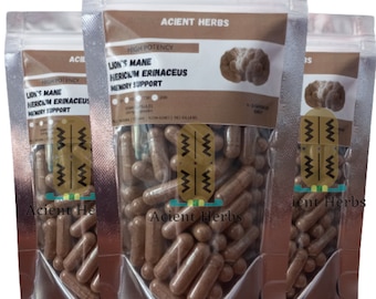 Pure Lion's Mane Capsules - Organic Hericium Erinaceus Capsules 500 mg - Pure Mushroom - No Fillers - Acient Herbs