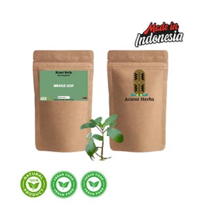 May include: Two brown paper pouches of herbal supplements with the text "Acient Herbs" and "Miracle Leaf". A small green plant is in front of the pouches. The image also includes "Natural Product" and "Vegan Food" labels, and the text "Made in Indonesia".