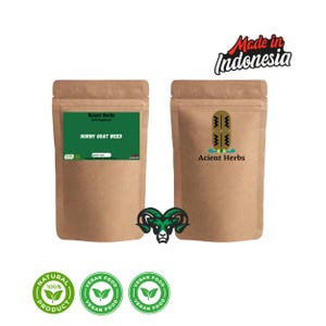 Könnte beinhalten: Zwei braune Papiertüten mit Kräuterergänzungsmitteln. Eine Tüte hat ein grünes Etikett mit dem Text "HORNY GOAT WEED". Die andere Tüte hat ein Kaktus-Design. Das Bild enthält auch ein Ziegenkopf-Logo und den Text "Made in Indonesia".
