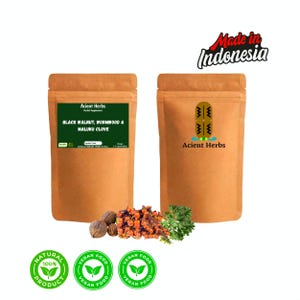May include: Two brown paper pouches of herbal supplements from "Acient Herbs". One pouch has a green label with text: "BLACK WALNUT, WORMWOOD & MALUKU CLOVE". The other pouch has a logo and the text "Acient Herbs". The image also includes the text "Made in Indonesia".