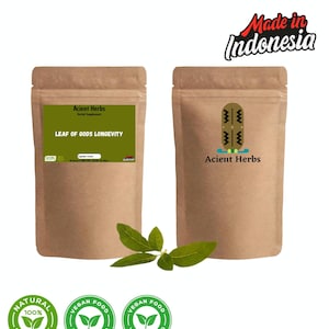May include: Two brown pouches of "Acient Herbs" supplements. One pouch has a green label with "LEAF OF GODS LONGEVITY" text. The other pouch has a green design. The image also includes "Made in Indonesia" text and three "Vegan Food" and "Natural Product" labels.