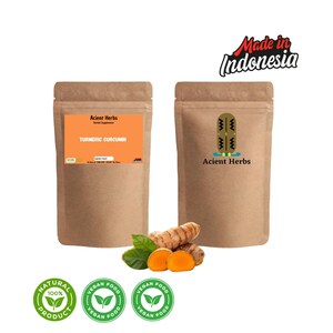 Könnte beinhalten: Zwei braune Papiertüten mit dem pflanzlichen Nahrungsergänzungsmittel "Turmeric Curcumin" von "Acient Herbs", mit Kurkumawurzel und Blättern. Das Bild enthält die Etiketten "Natural Product" und "Vegan Food" sowie ein Logo "Made in Indonesia".