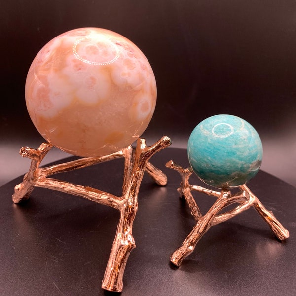 Hand Picked Rose Gold Metal Tree Branch Crystal Sphere Holder Stand