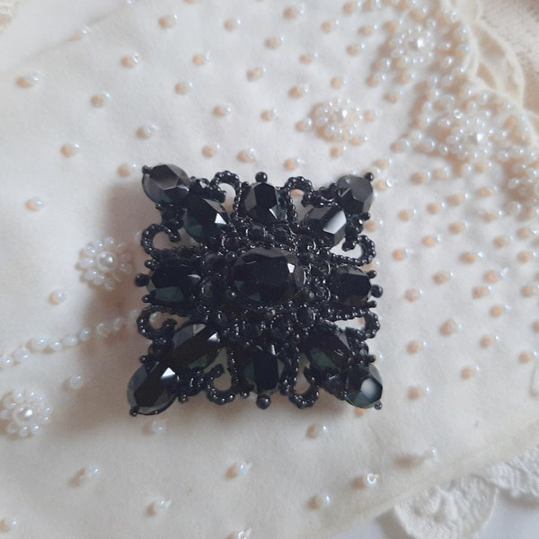 Czech Black Crystal Square Brooch