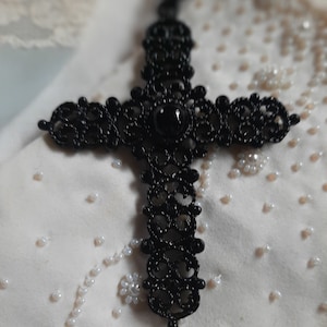 Czech Black Large Crystal Filigree Cross Pendant Necklace with Gold Variation