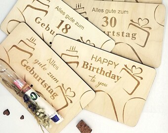 Geburtstag, Geldgeschenk Karte , Holzkarte, Wunscherfüller,  Geldverpackung für Geburtstag