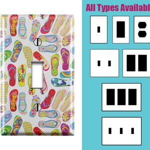 May include: A white light switch cover with a colorful pattern of flip flops and the words "Summer" and "Love". The cover is shown with different types of light switch plates available, including single, double, triple, and four-gang.