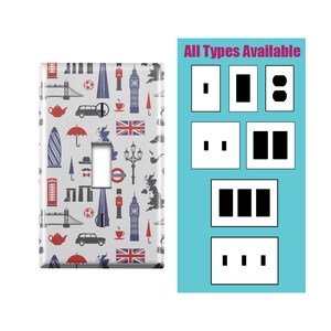 May include: A light switch cover with a white background and a repeating pattern of London landmarks in red, blue, and black. The landmarks include the London Eye, Big Ben, a double-decker bus, a red telephone booth, and the Union Jack flag. The text "All Types Available" is displayed on the right side of the image, with four different switch plate styles shown below.
