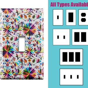 May include: A light switch cover with a colourful Mexican folk art design featuring flowers, birds, and geometric patterns. The image shows different types of light switch covers available, including single, double, and triple switch covers. "All Types Available" is written at the top of the image.