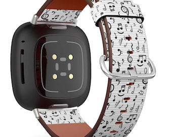Cinturino in pelle vegana fatto a mano per Fitbit Versa 1,2,3, / Sense /Charge 2, 3,4 - Note musicali