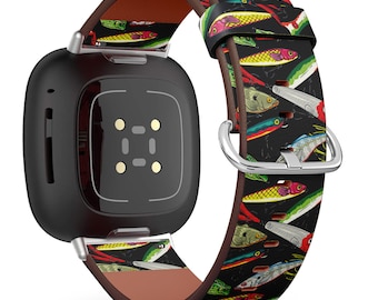 Handmade Vegan Leather Watch Band for Fitbit Versa 1,2,3, / Sense /Charge 2, 3,4 - Pop Colorful Fishing Lures Pattern