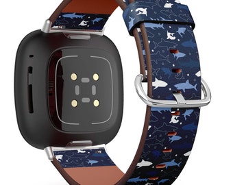 Handmade Vegan Leather Watch Band for Fitbit Versa 1,2,3, / Sense /Charge 2, 3,4 - Cool Shark Pattern Print