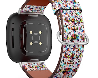Handmade Vegan Leather Watch Band for Fitbit Versa 1,2,3, / Sense /Charge 2, 3,4 - Mexican Otomi Style Pattern