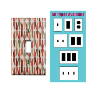 May include: A light switch cover featuring a geometric pattern of red, orange, brown, and beige teardrop shapes. The text "All Types Available" is displayed above a variety of light switch and outlet options.