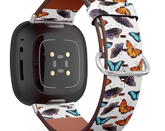 Handmade Vegan Leather Watch Band for Fitbit Versa 1,2,3, / Sense /Charge 2, 3,4 - Butterflies Pattern