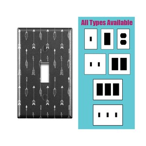 May include: A black light switch cover with a white arrow pattern. The image also shows different types of light switch covers available, including single, double, and triple switch covers.
