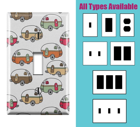 Wall Switch Plate, Colorful Retro Camping Camper Print Pattern, Toggle /  Decora / Outlet Decorative Light Cover 