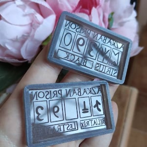 May include: Two gray plastic rectangular keychains with the text "AZKABAN PRISON" and numbers "390" and arrows. The top keychain has the text "SIRIUS BLACK" and the bottom keychain has the text "BELLATRIX LEStrange".