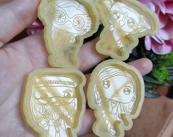 May include: Four silicone molds for making resin crafts. Each mold features a different character from the Harry Potter series. The molds are yellow and feature a white outline of the characters.