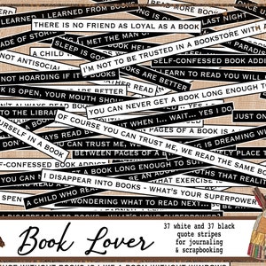 Boekliefhebber citeert strepen voor journaling en scrapbooking, afdrukbare bibliofiele inspirerende en grappige uitspraken voor boekenverslaafden