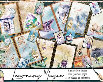 Magic fantasy junk journal kit in letter size, school for witches and wizards printable ephemera, dragons and spells scrapbooking paper