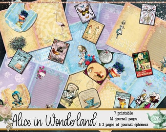 Alice in Wonderland afdrukbare A4 junk journal kit, direct te downloaden