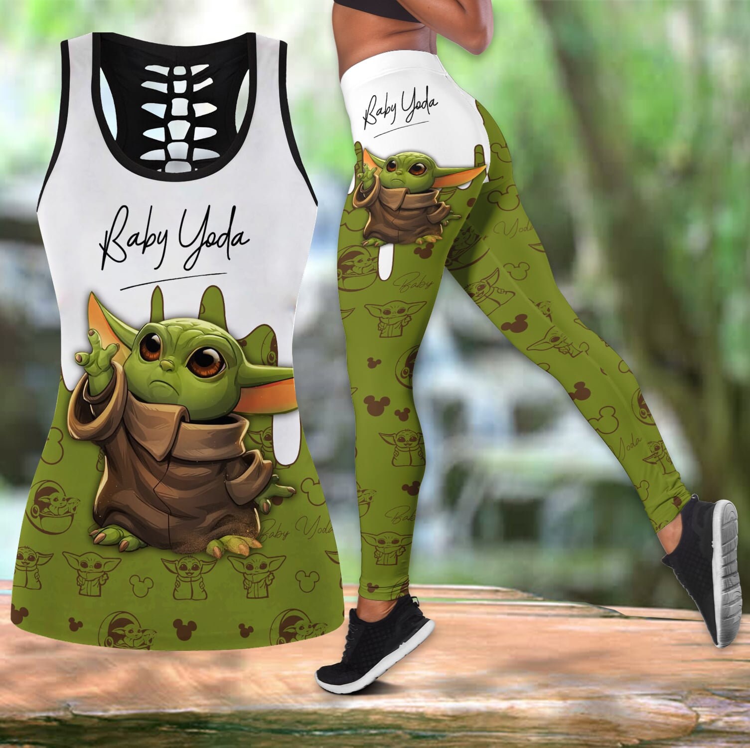 Baby Yoda Pattern Signature - Hollow Tanktop Legging Outfit Set