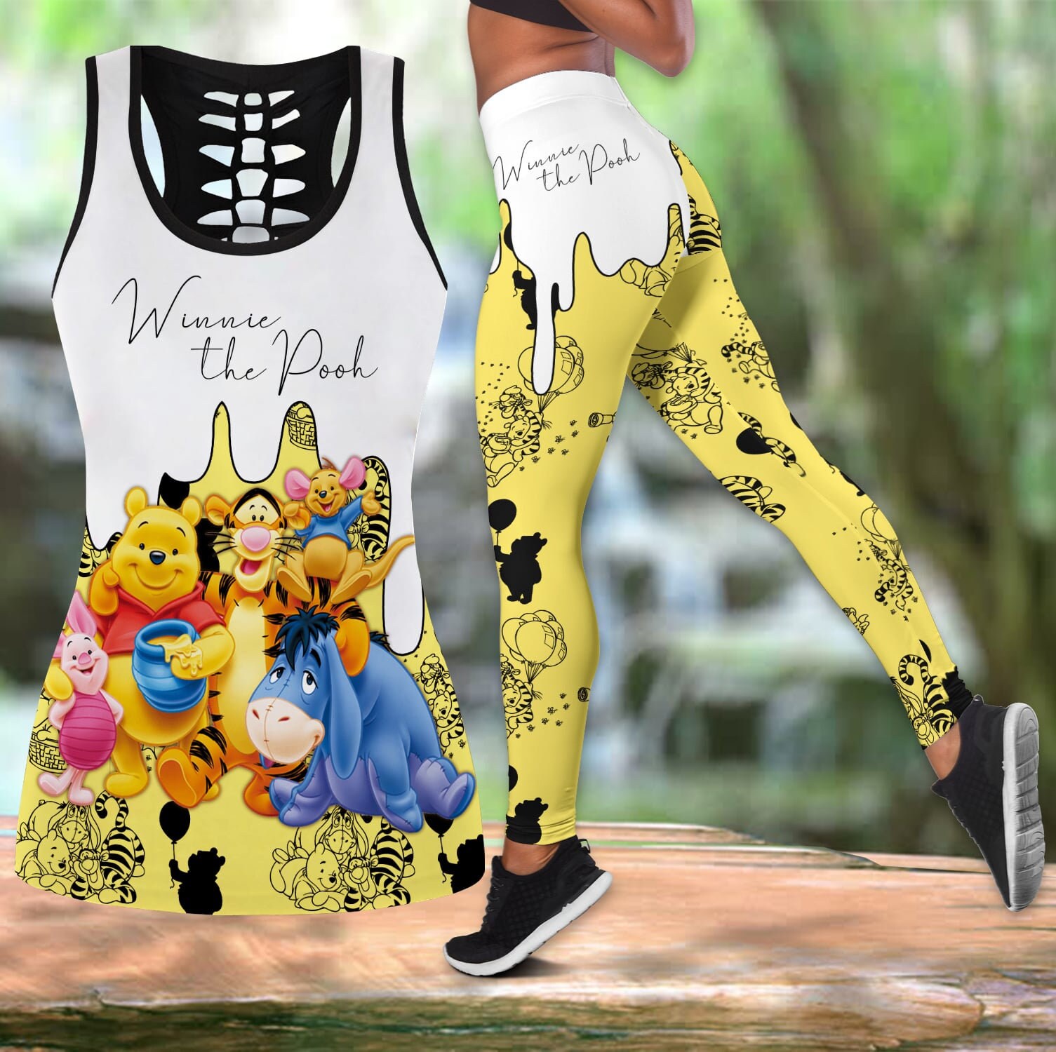 Winnie The Pooh Pattern Signature- Hollow Tanktop Legging Outfit Set