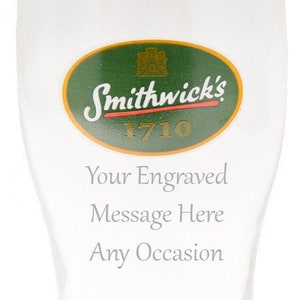 Personalised Smithwick&#39;s Smithwicks Pint Glass with Engraved Message 1710 Draft Beer Great Gift for Him or Her.