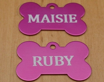 Personalised Dog Name ID Tag with Split Ring, Bone Shape, Double Sided, can be Engraved on Both Sides