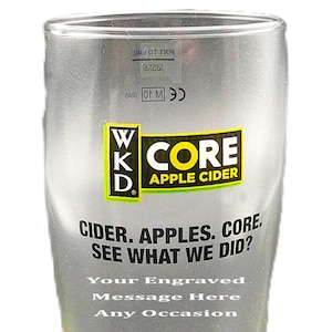 Personalised WKD CORE Apple Cider Pint Glass with Your Engraved Message Great Gift for Him or Her.