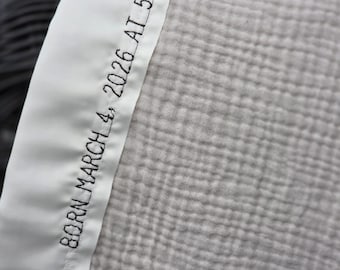 Embroidered Muslin Baby Blanket | Personalized With Baby's Story | Satin Trimmed Cotton 36"x38"
