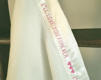 Personalized Baby Blanket: Embroidered Waffle Weave, Satin Trim