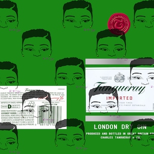 May include: A Tanqueray London Dry Gin bottle label with a green background and a black and white illustration of a person's face. The label features the text "Tanqueray Imported" and "London Dry Gin".