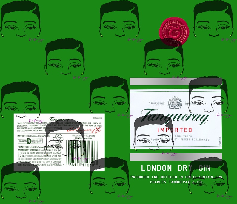 Puede incluir: Una etiqueta de botella de ginebra Tanqueray London Dry con fondo verde y una ilustraci&oacute;n en blanco y negro de un rostro. La etiqueta presenta el texto "Tanqueray Importado" y "Ginebra seca de Londres".