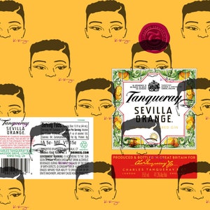 May include: A Tanqueray Sevilla Orange flavored gin bottle with a red label and a gold background. The label features the Tanqueray logo and the words "Sevilla Orange" in a bold font. The bottle is surrounded by a pattern of stylized faces.