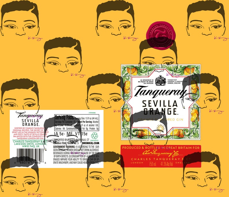 May include: A Tanqueray Sevilla Orange flavored gin bottle with a red label and a gold background. The label features the Tanqueray logo and the words "Sevilla Orange" in a bold font. The bottle is surrounded by a pattern of stylized faces.