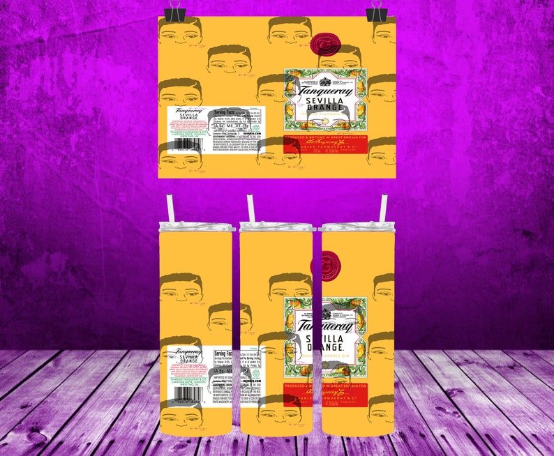 May include: Three yellow stainless steel tumblers with a repeating pattern of a man's face and the text "Tanqueray Sevilla Orange" on the front. The tumblers have a silver lid and a straw.