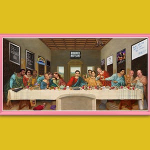 May include: A framed print depicting a parody of The Last Supper, featuring characters from the TV show "The Office." The scene includes the text "Dunder Mifflin" and other references to the show. The frame is pink.