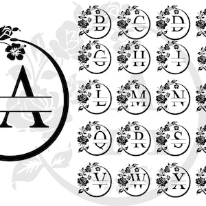 Archivo SVG de monograma de letra dividida con corona de rosas para Cricut / vector de monograma de letra dividida de la A a la Z /