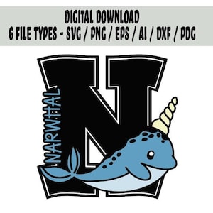N es para la letra del animal Narwhal Descarga digital para Cricut Silhouette y máquina de corte láser / Archivo Narwhal SVG / png pdf ai esp / archivo dxf
