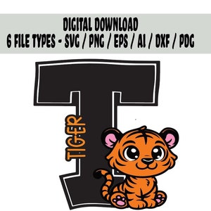 T é para Tiger Animal Letter Download digital para Cricut Silhouette e máquina de corte Lazer/arquivo Tiger SVG/png pdf ai esp / arquivo dxf